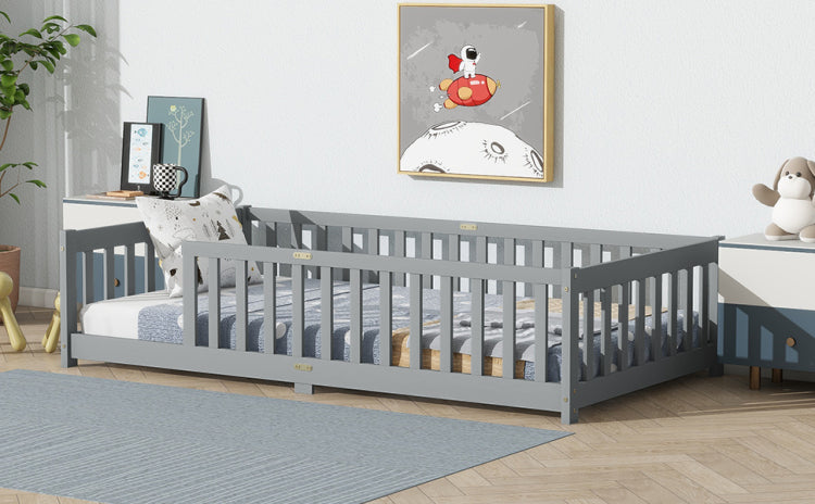 Twin Size Floor Bed With Fence Without Door, Rubber Wood Floor Bed With Safety Guardrails,Grey