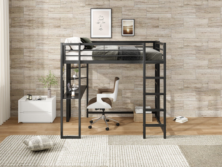 Loft Bed With Desk, Metal Loft Bed Full Size, Full Loft Bed Frame With Desk And Storage Compatible With Boys Girls Teens, Black Bedroom Bed Frame