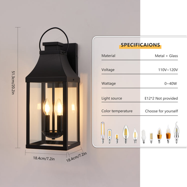 20'' Outdoor Wall Light, Porch Light Outdoor Wall Sconce Lantern, 2 Light Modern Black Exterior Lighting Fixture Wall Mount, Outside Light For House Garage, 1 Pack