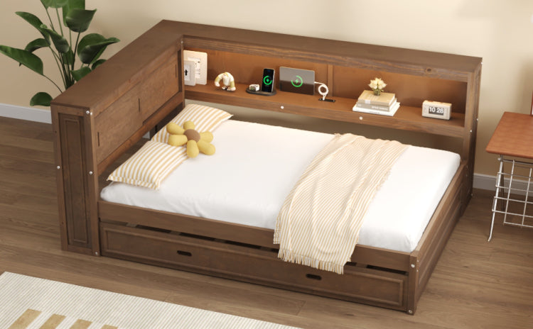 Full Size Wood Daybed With Storage Shelves, Usb, Led, And Trundle, Antique Wood Color