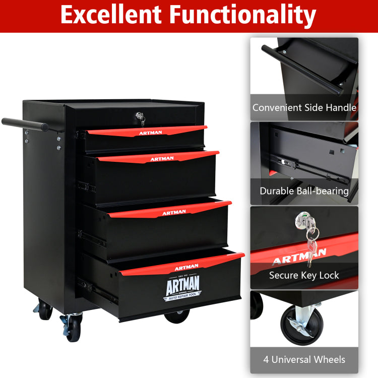 Rolling Metal Tool Chest With 4 Drawers, 20" 4 Drawer Tool Chest Cabinet With Ball Bearing Drawer Slides, Steel Tool Storage Box Organizer Black&Red