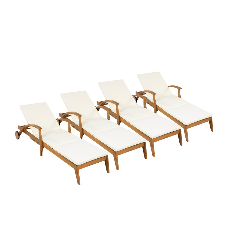 Chaise Lounge With Wheel Acacia Wood Recliner For Patio Garden, With 2Inch White Cushion, 4 Position Adjustable Backrest, Versatile Outdoor Furniture