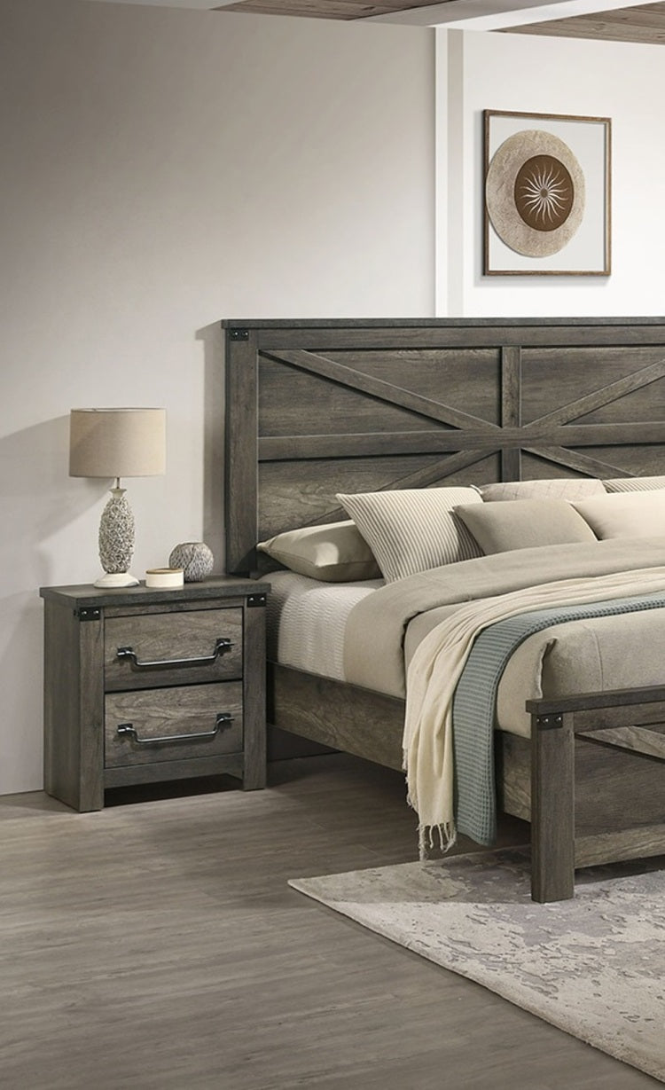 Rustic Gray 1Pc Bedside Table Melamine Paper Wooden Nightstand Antique Brass Color Drop Handles