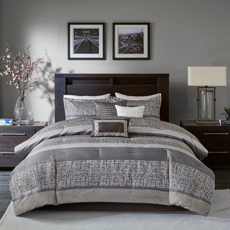 7 Piece Jacquard Comforter Set Grey Taupe Queen