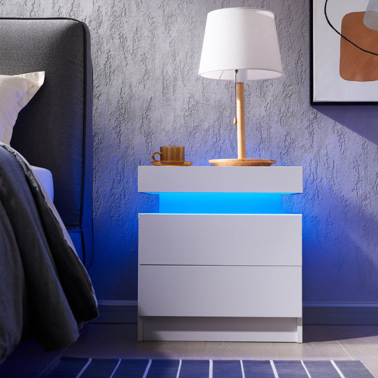 Nightstand Led Bedside Table Cabinet Lights Modern End Side With 2 Drawers For Bedroom White