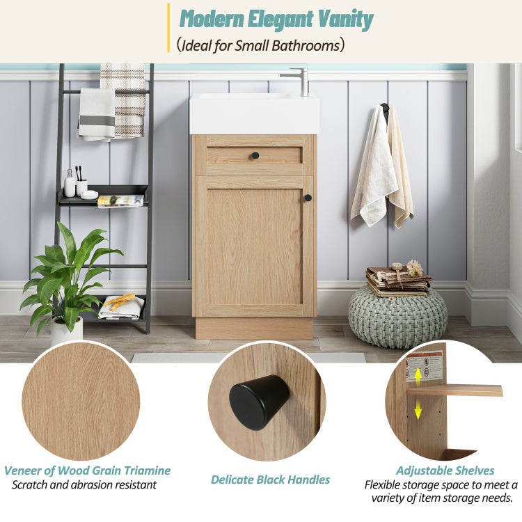 18.5" Bathroom Vanity With Reversible Resin Sink, Mdf Cabinet With Adjustable Shelf And Elegant Zinc Alloy Handles, Wood Grain Melamine Finish, Reversible Door, Rustic Style For Small Spaces