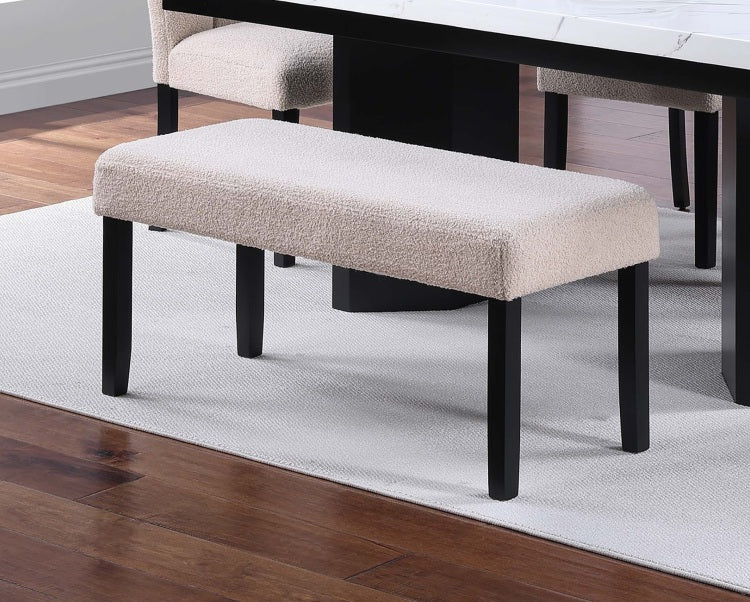 1Pc Dining Bench Only Upholstered Soft Fabric Seat Neutral Tone Bench Black Wooden Tapered Legs Dining Room