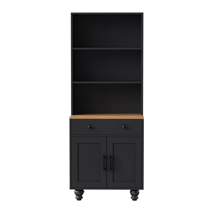 Farmhouse Storage Cabinet With 4 Solid Wood Gourd Shaped Legs, Modern Kitchen Pantry Cabinet With Adjustable Shelves, 5 Tier Bookshelf With Drawer For Living Room, Black