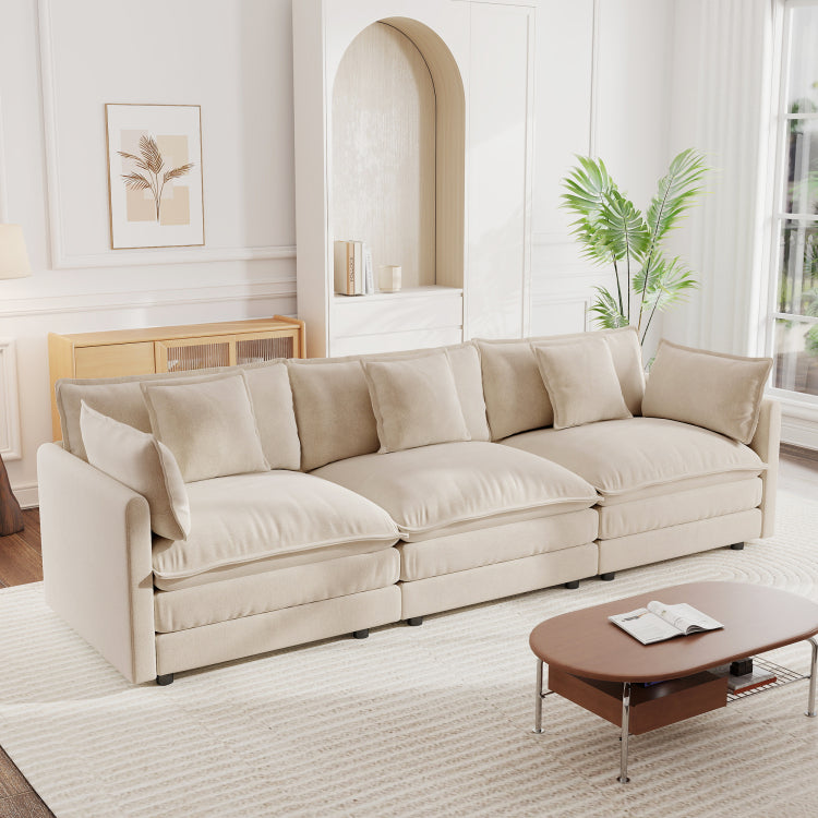Mid Century Modern Couch 3 Seater Sofa With 2 Armrest Pillows And 3 Toss Pillows, Couch For Living Room Light Coffee Chenille