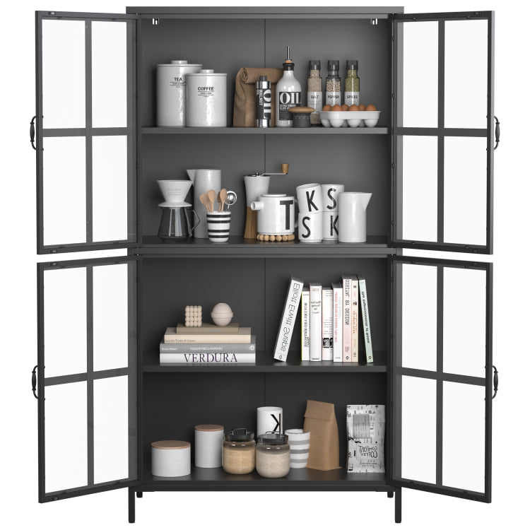 Premium Black Metal Storage Cabinet With Tempered Glass Doors, Adjustable Shelves, Anti Tipping Device, Magnetic Silent Closure, And Adjustable Feet For Home And Office Use