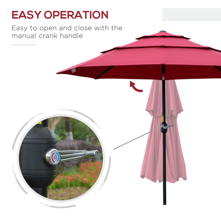 Outsunny 9Ft 3 Tiers Patio Umbrella Outdoor Market Umbrella With Crank, Push Button Tilt For Deck, Backyard And Lawn, Wine Red