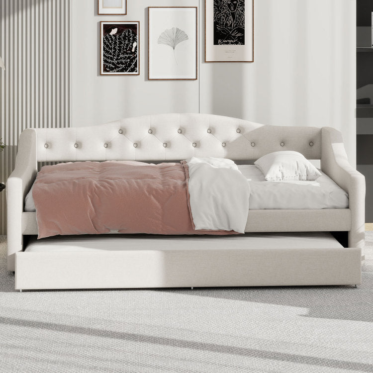 Upholstered Twin Xl Size Daybed With Led Belt And Trundle, Beige