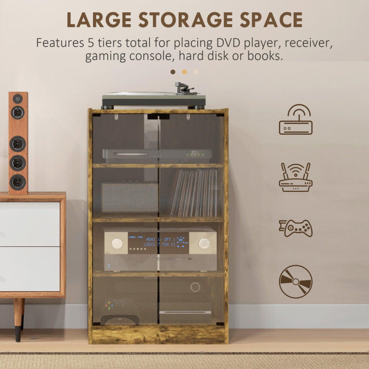 Homcom Media Cabinet, 4 Tier Stereo Cabinet, Modern Audio Video Media Stand With Adjustable Shelves, Tempered Glass Doors, And Cable Management, Rustic Brown