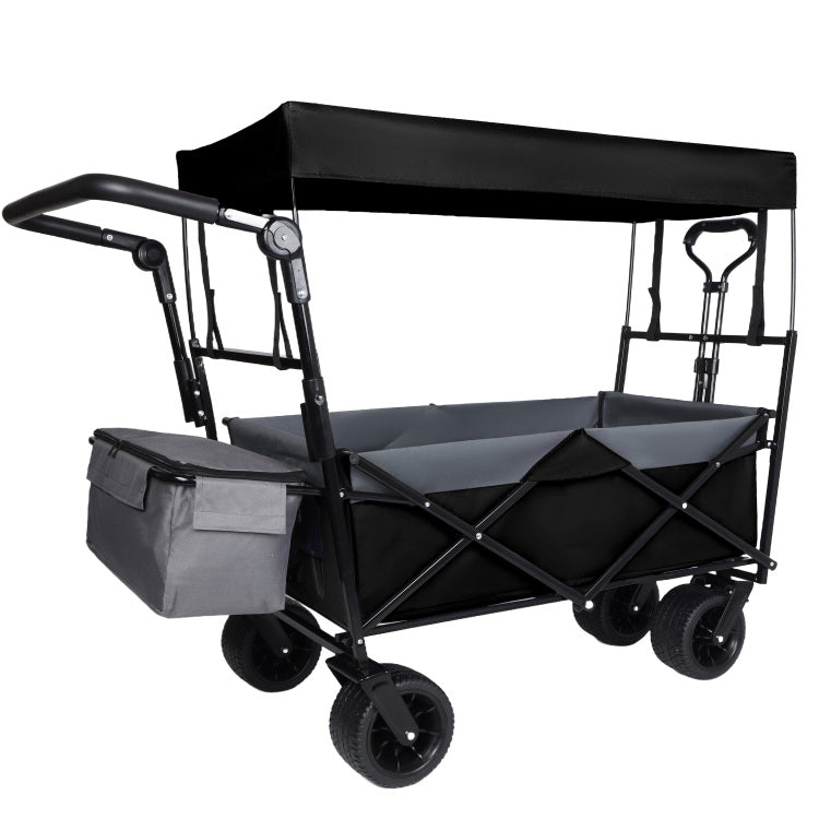 With Push Handle, 480Lbs Collapsible Wagon With Canopy, Wagon Cart With 7" All Terrain Wheels, Lightweight Foldable Wagon, Large Capacity For Camping, Shopping, Sports, And Garden Use, Black