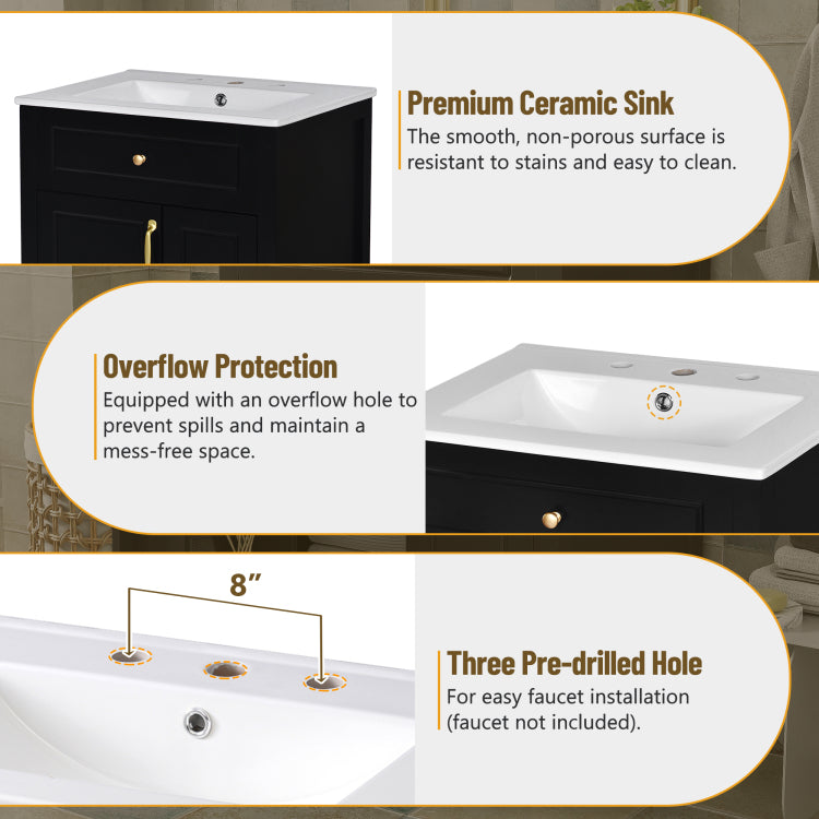 24 Inch Bathroom Vanity With Ceramic Sink, 1 Soft Close Door, 2 Soft Close Drawers, And Double Storage Racks On The Door