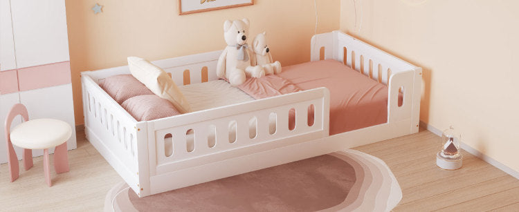 Wood Twin Size Platform Bed With Guardrail, White