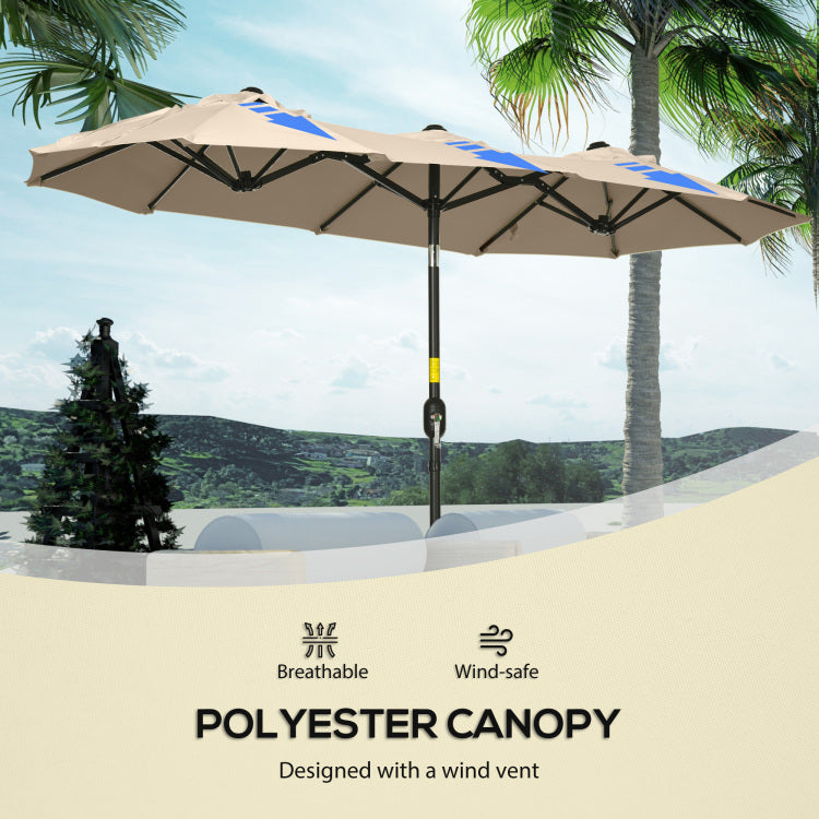 Outsunny Double Sided Patio Umbrella 9.5' Large Outdoor Market Umbrella With Push Button Tilt And Crank, 3 Air Vents And 12 Ribs, For Garden, Deck, Pool, Brown