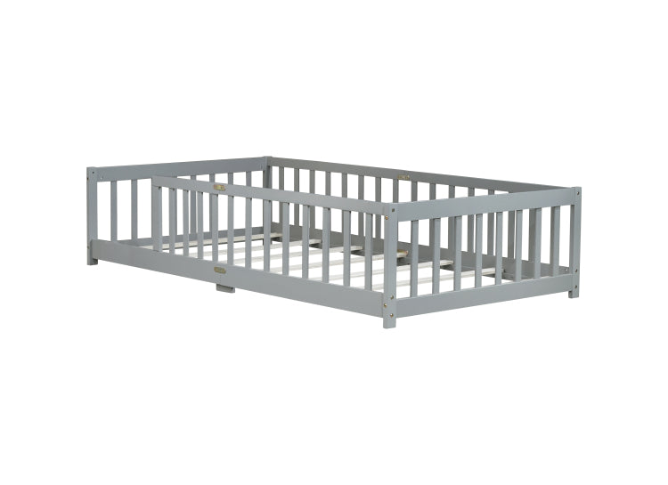 Twin Size Floor Bed With Fence Without Door, Rubber Wood Floor Bed With Safety Guardrails,Grey