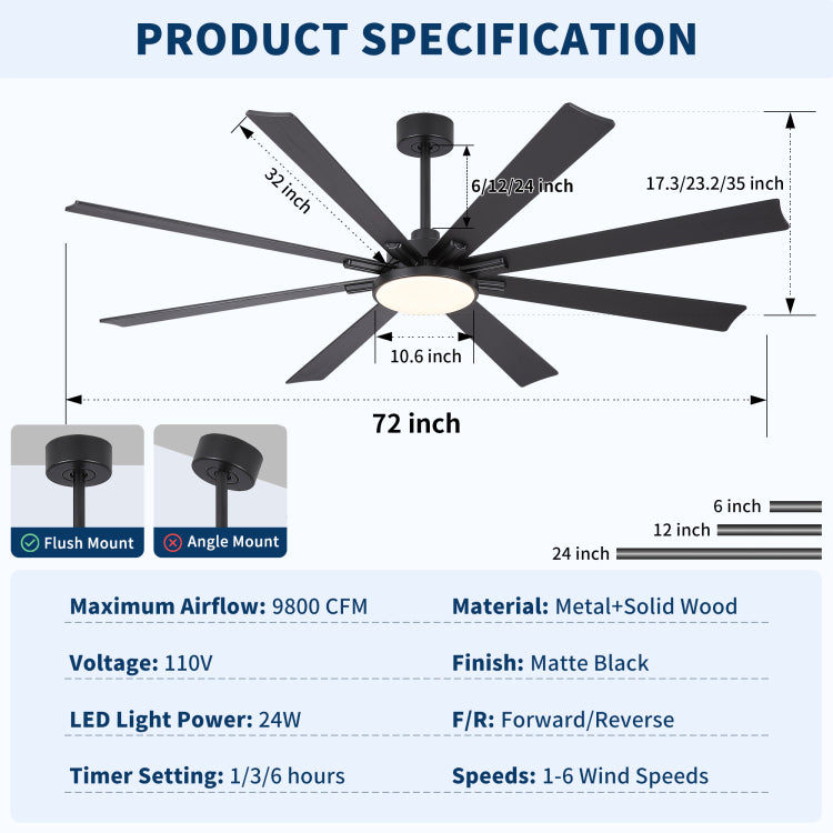72 Inch Mordern Minimalism Black With Light And Solid Wood Blades