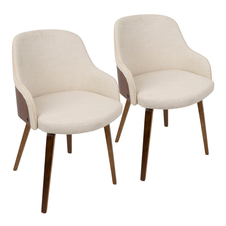 Mid Century Modern Dining Accent Chair In Walnut Wood And Cream Fabric Set Of 2