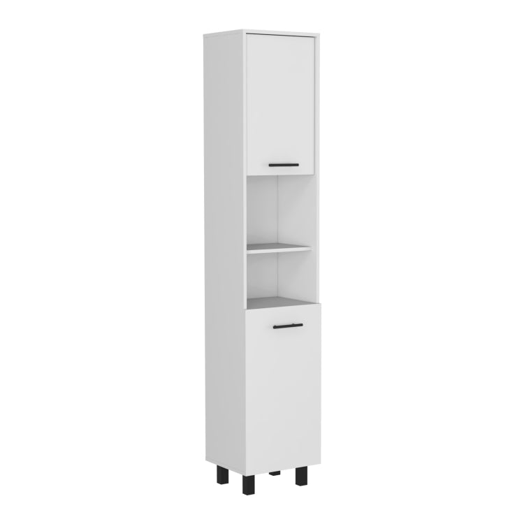Kitchen Pantry 79" H, Two Open Storage Shelves, Three Internal Shelves, Two Doors, Four Legs, White