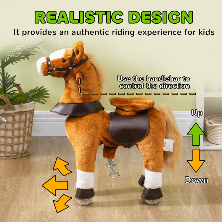 Qaba Ride On Horse, Walking Horse Toy, Kids Plush Riding Horse, Pony With Wheels & Neighing Sound For 3 5 Years Old Up To 132 Pounds, Brown