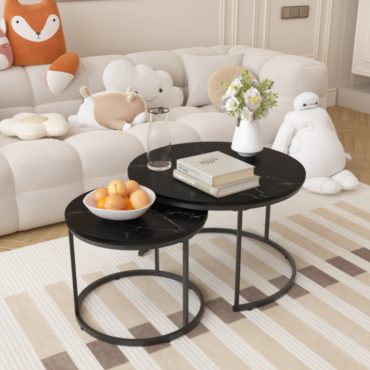 Nesting Coffee Table Set Of 2, 27.6Inch Round Coffee Table Wood Marble Pattern Top With Sturdy Metal Frame, End Table Side Tables For Living Room Bedroom Balcony Yard Black