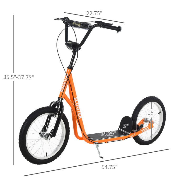 Aosom Youth Scooter Kick Scooter For Kids 5 With Adjustable Handlebar 16" Front And Rear Dual Brakes Inflatable Wheels, Orange