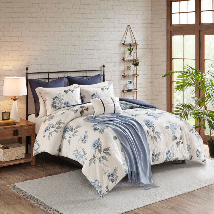 7 Piece Printed Seersucker Comforter Set With Throw Blanket Blue Full Queen
