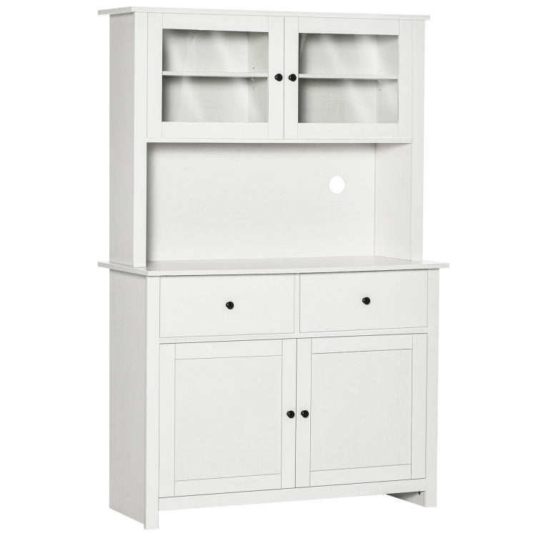 Homcom 63.5" Kitchen Buffet With Hutch, Pantry Storage Cabinet With 4 Shelves, Drawers, Framed Glass Doors, Open Microwave Countertop, Antique White
