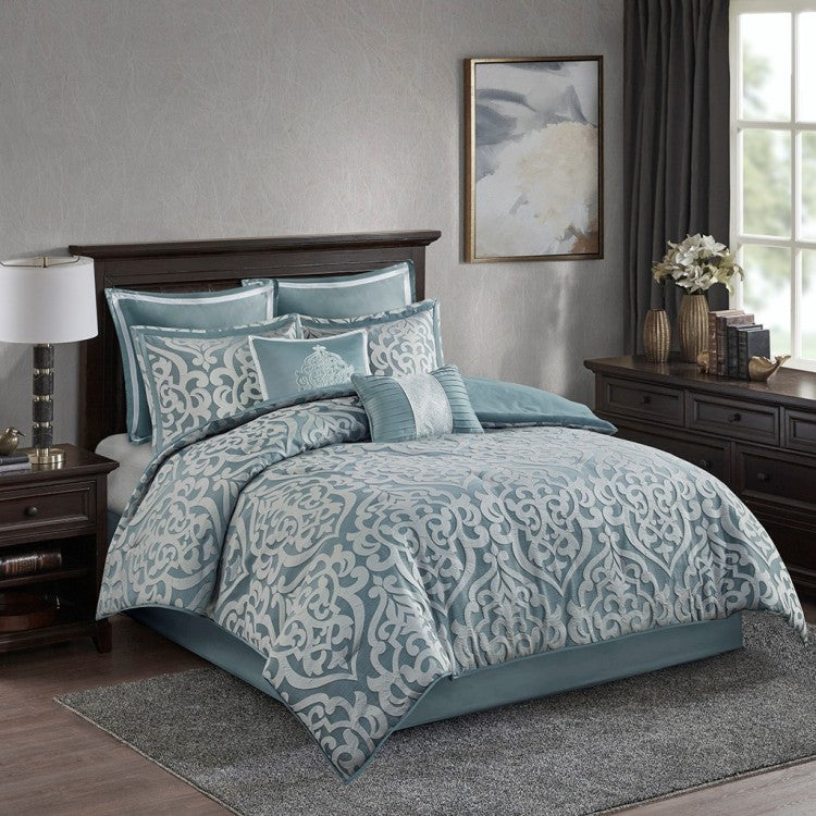 8 Piece Jacquard Comforter Set Aqua Silver Queen