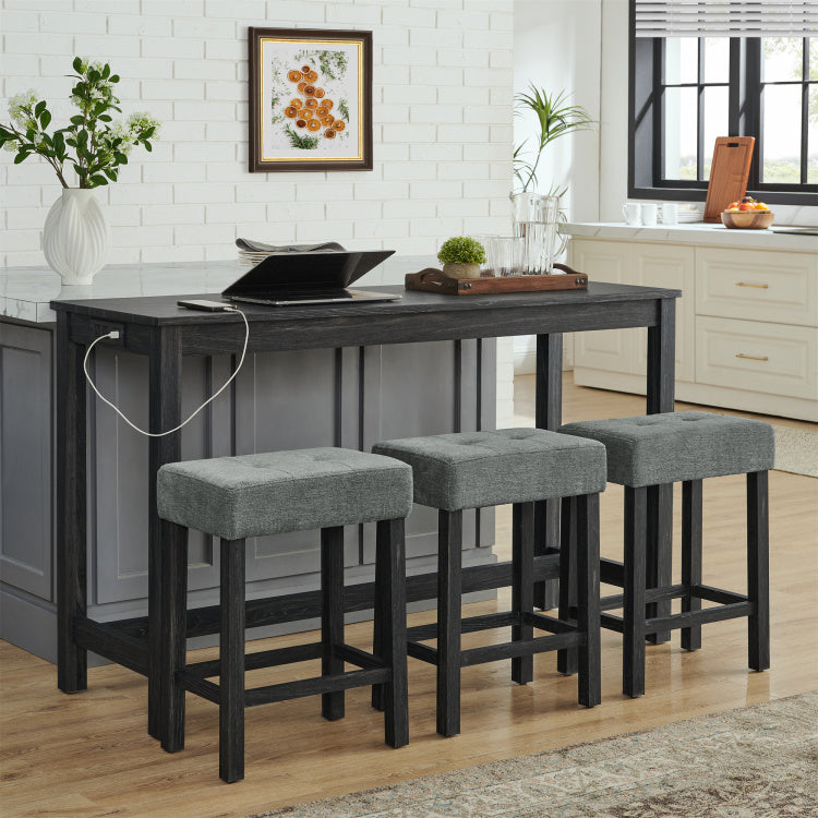 59 Inch Bar Table, Dining Table, Sofa Table With Power Outlet, 3 Upholstered Stools, 4 Piece Bar Table And Chair Set For Living Room, Dining Room, Kitchen