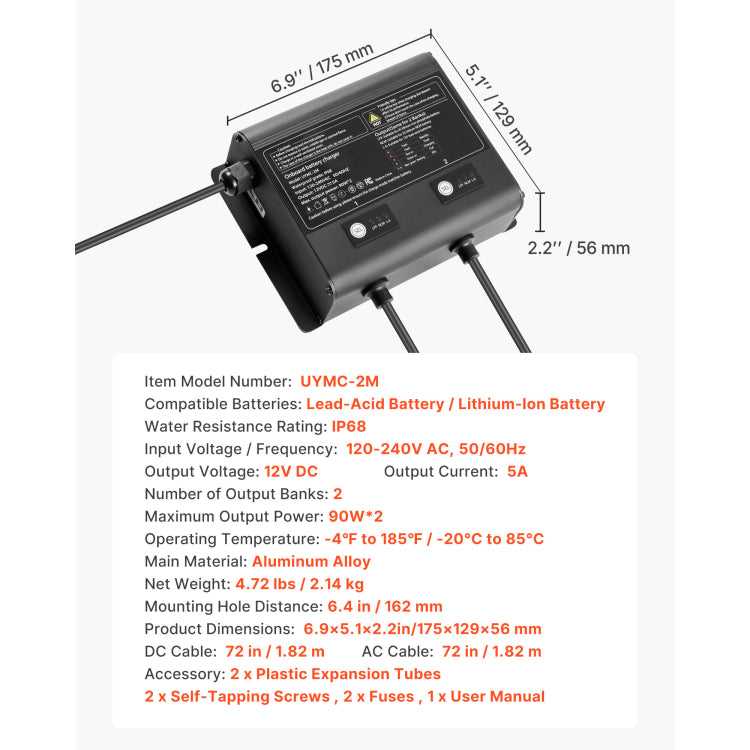 2 Bank 5A 12V Smart Marine Battery Charger Onboard Ip68 Waterproof Boat Rv Yacht