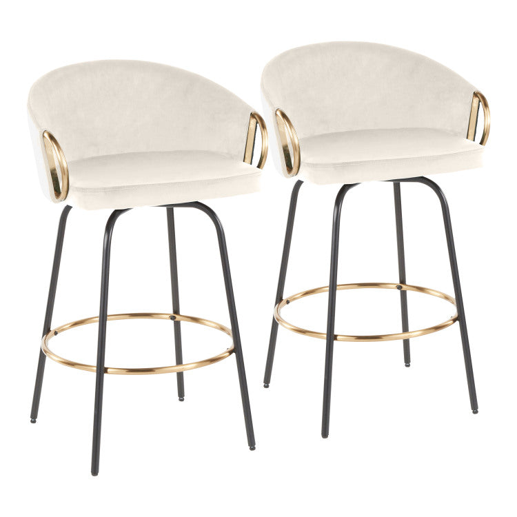 26" Contemporary Fixed Height Counter Stool With Swivel In Black Metal And Cream Velvet With Gold Metal Accents Set Of 2