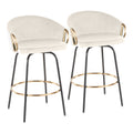 26" Contemporary Fixed Height Counter Stool With Swivel In Black Metal And Cream Velvet With Gold Metal Accents Set Of 2