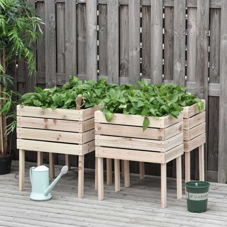 Outsunny 4Pcs Raised Garden Bed, Wooden Elevated Planter Box Kit With Bed Liner, Diy Shape, For Flowers Vegetables