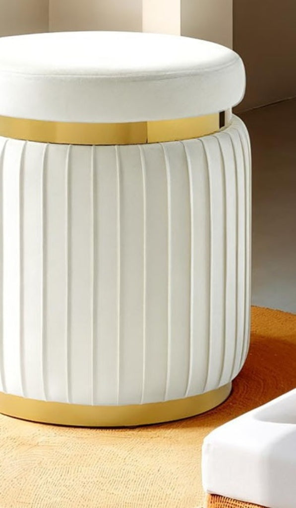 Contemporary Style 1Pc Round Accent Stool Stainless Steel Gold Trim Velvet Fabric White Finish Primary Living Room
