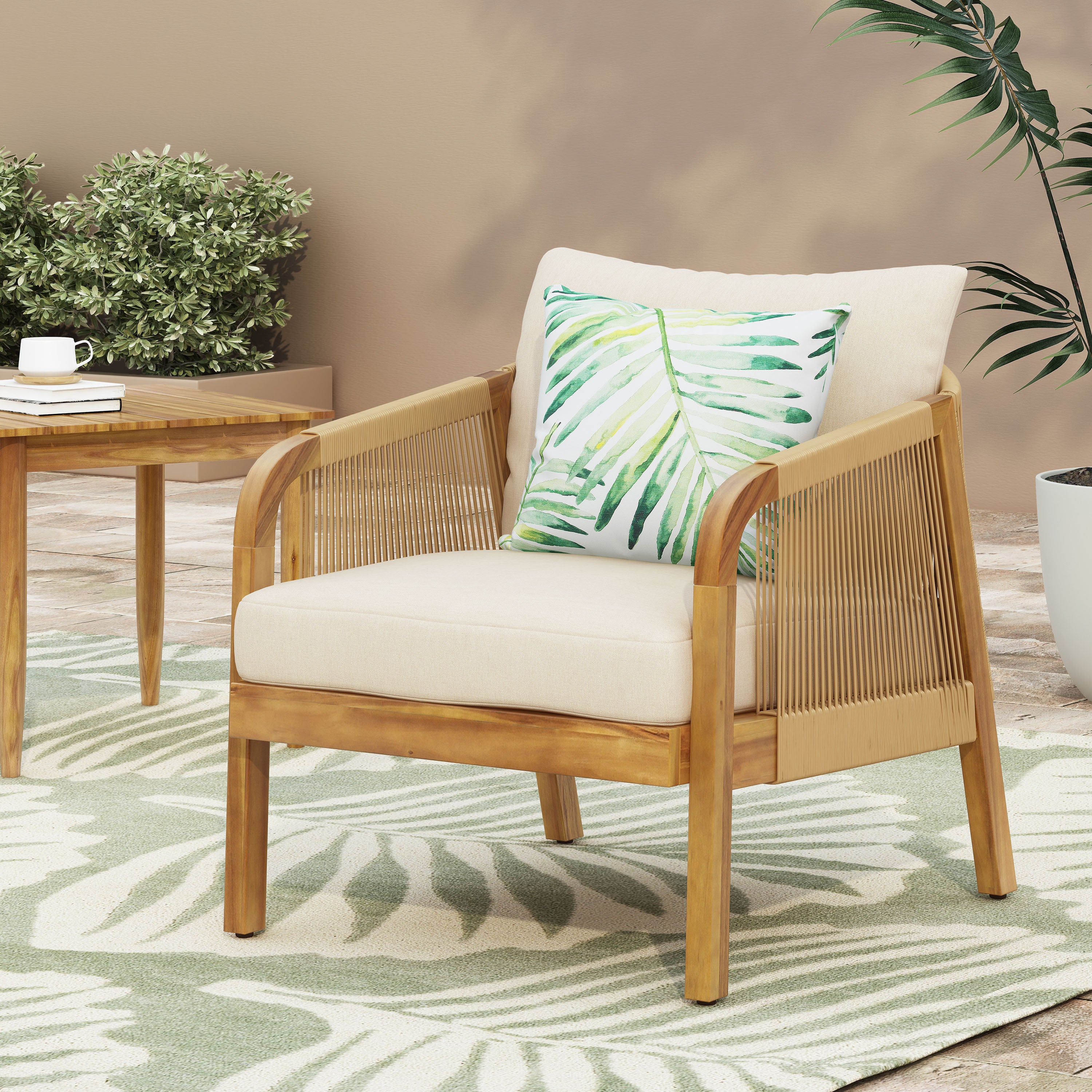 Acacia Wood And Wicker Outdoor Club Chair, Deep Seating With Soft Cushion, Porch Chairs For Garden, Backyard Porch Balcony, Brown & Beige