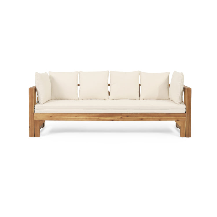 Outdoor Extendable Acacia Wood 3 Seater Sofa, Upholstered Cushion Couch, Daybed Sofa Chair, Spacious Seating Lounge Chair, Patio Daybed Sofa For Garden Yard