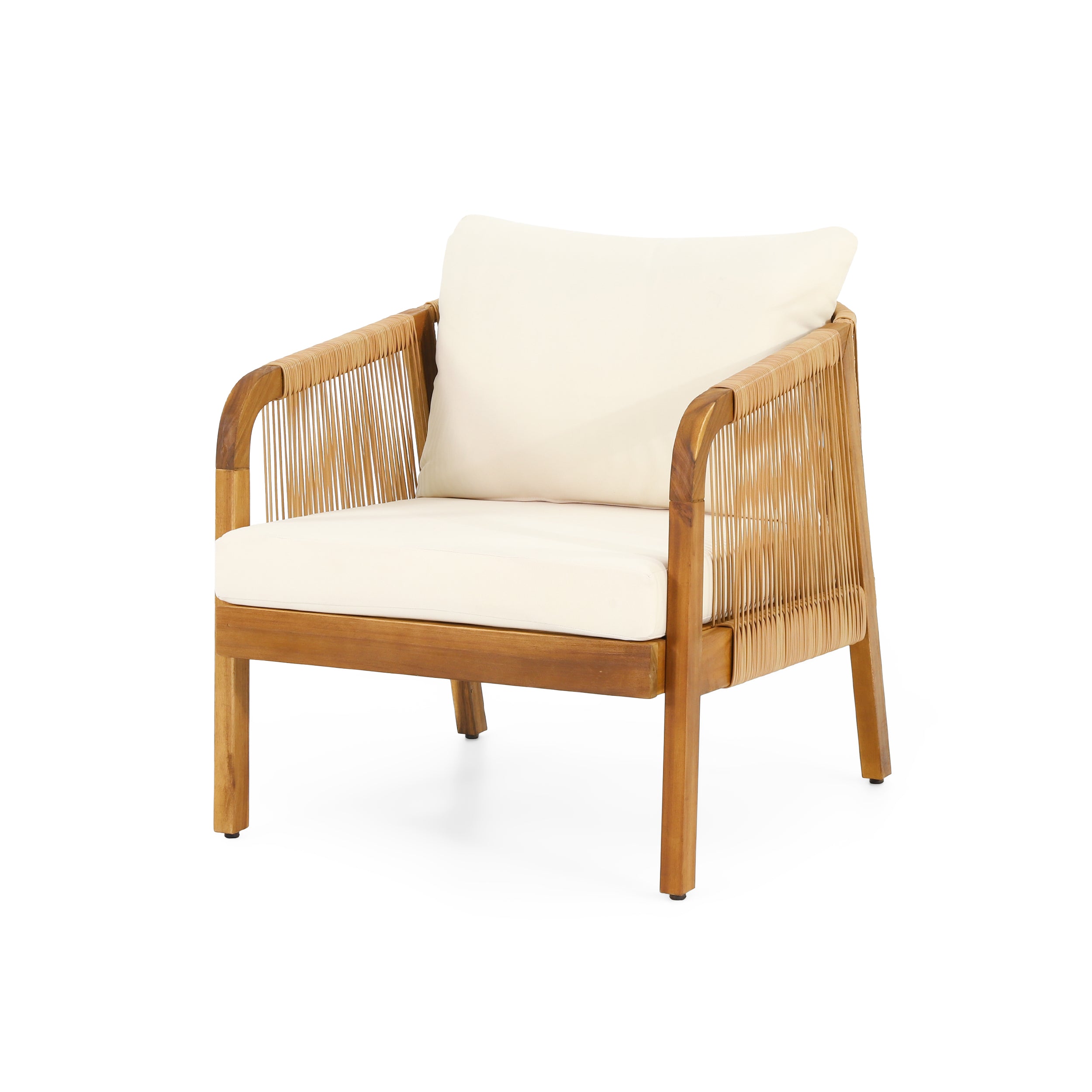 Acacia Wood And Wicker Outdoor Club Chair, Deep Seating With Soft Cushion, Porch Chairs For Garden, Backyard Porch Balcony, Brown & Beige