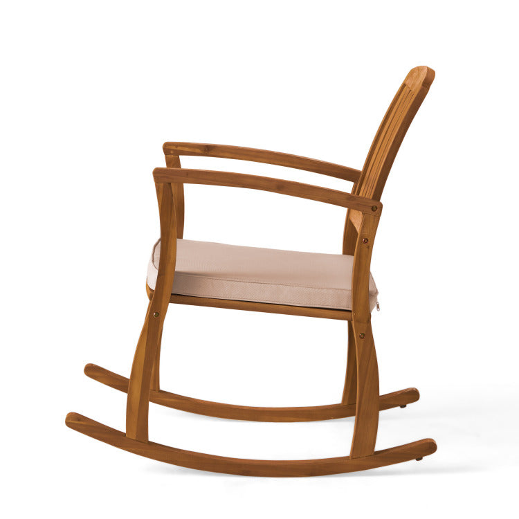 Acacia Wood Patio Outdoor Rocking Chair With Cushions For Garden, Lawn, Backyard, Pool