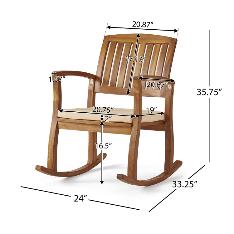 Acacia Wood Patio Outdoor Rocking Chair With Cushions For Garden, Lawn, Backyard, Pool