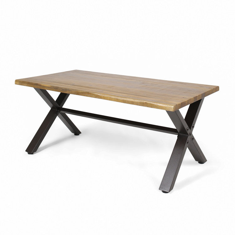 Outdoor Acacia Wood Coffee Table, Teak Finish Rustic Metal,Black And Brown, 18'' H X 27.25'' W X 43.25'' L