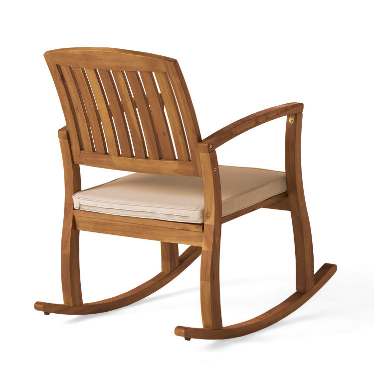 Acacia Wood Patio Outdoor Rocking Chair With Cushions For Garden, Lawn, Backyard, Pool