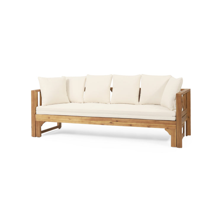 Outdoor Extendable Acacia Wood 3 Seater Sofa, Upholstered Cushion Couch, Daybed Sofa Chair, Spacious Seating Lounge Chair, Patio Daybed Sofa For Garden Yard