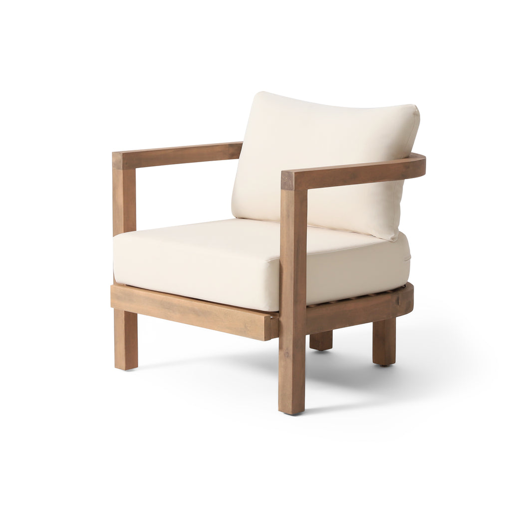 Outdoor Acacia Wood Patio Club Chair, Patio Furniture,Waterproof Thick Cushion Deep Seating For Porch, Garden, Backyard, Balcony, Weight Capacity 400Lbs, Brown Wash, Beige Cushion