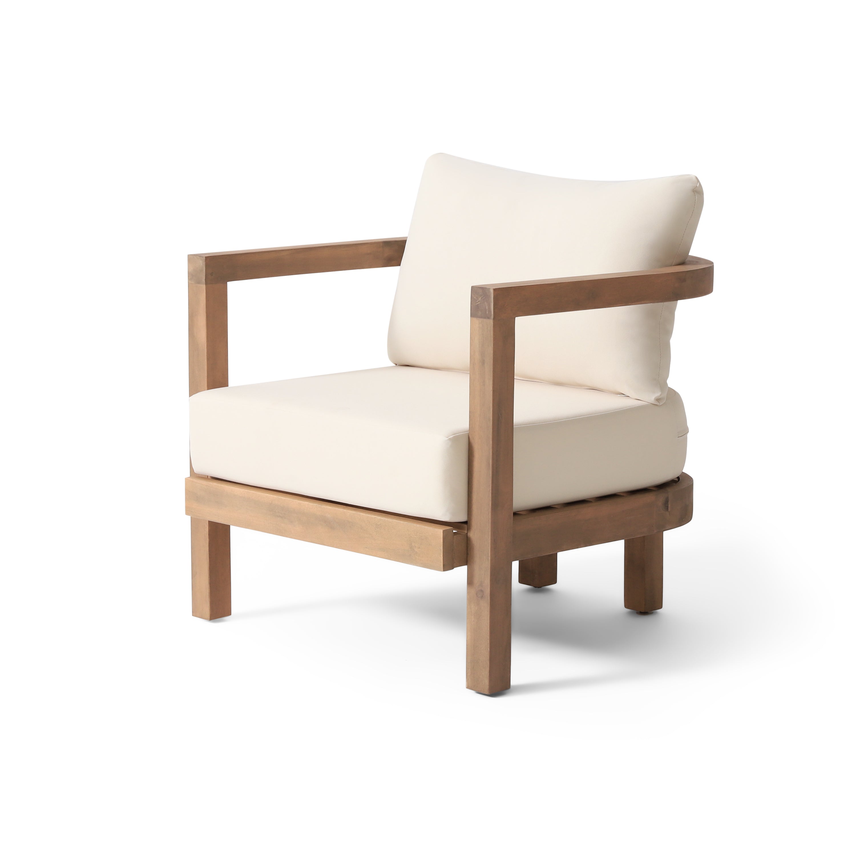 Outdoor Acacia Wood Patio Club Chair, Patio Furniture,Waterproof Thick Cushion Deep Seating For Porch, Garden, Backyard, Balcony, Weight Capacity 400Lbs, Brown Wash, Beige Cushion