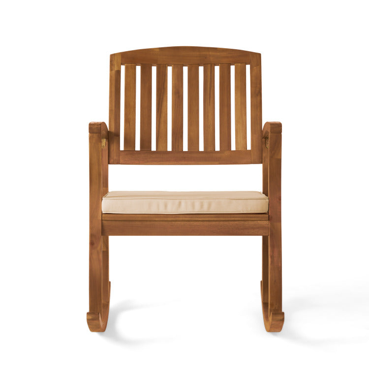 Acacia Wood Patio Outdoor Rocking Chair With Cushions For Garden, Lawn, Backyard, Pool