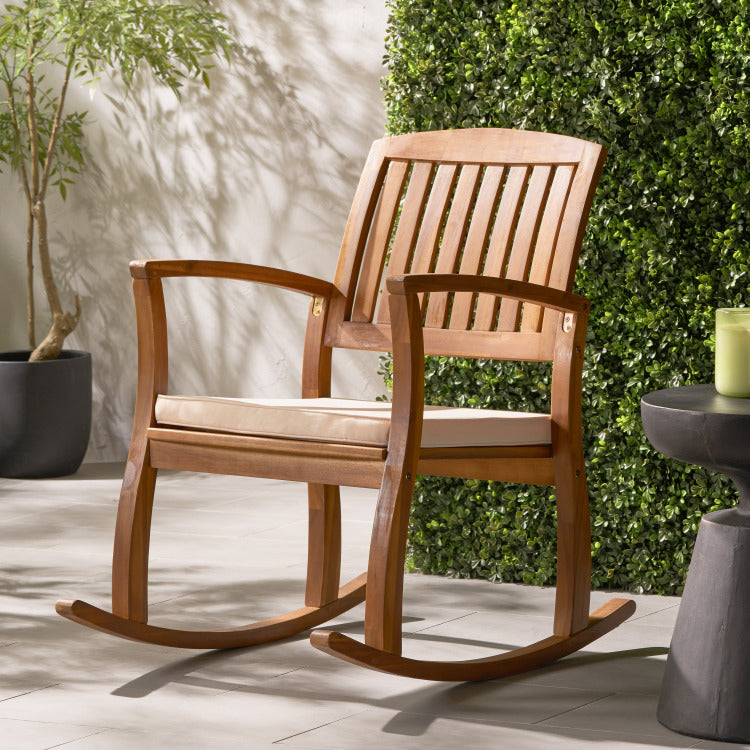 Acacia Wood Patio Outdoor Rocking Chair With Cushions For Garden, Lawn, Backyard, Pool