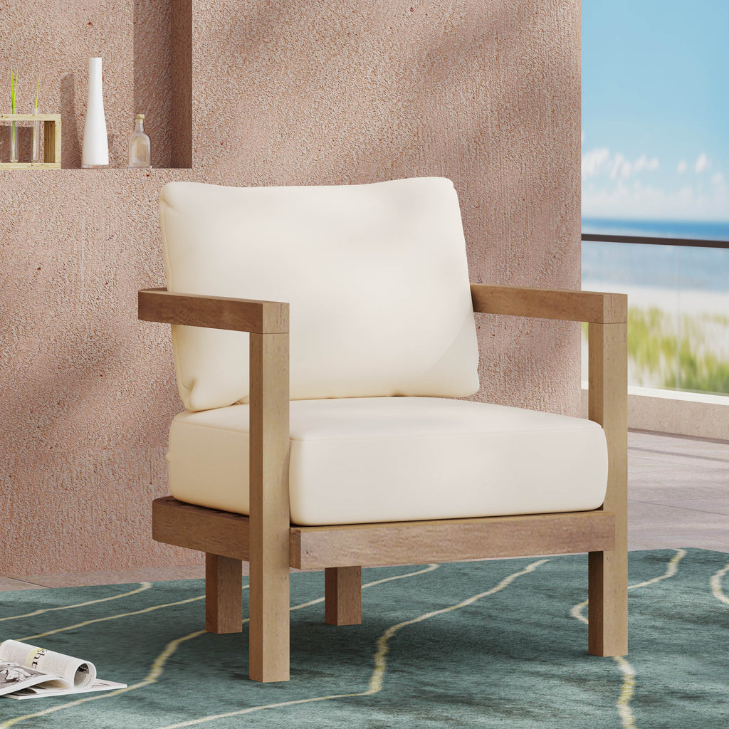 Outdoor Acacia Wood Patio Club Chair, Patio Furniture,Waterproof Thick Cushion Deep Seating For Porch, Garden, Backyard, Balcony, Weight Capacity 400Lbs, Brown Wash, Beige Cushion